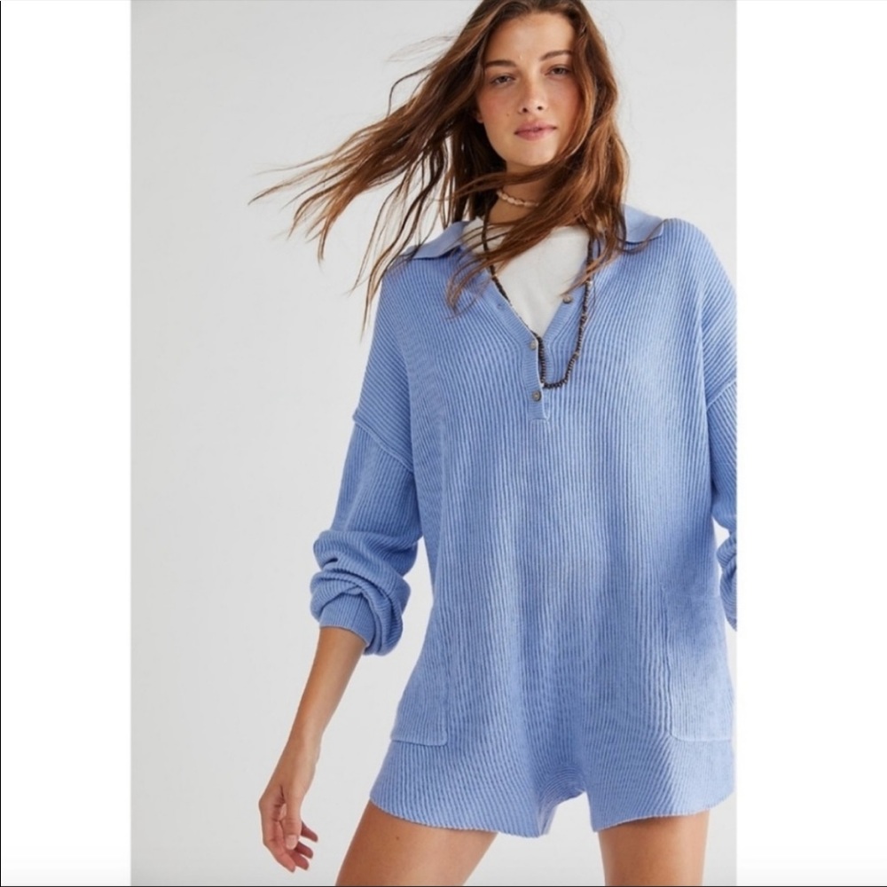 Free People Beach Knitted Blue Picnic Romper